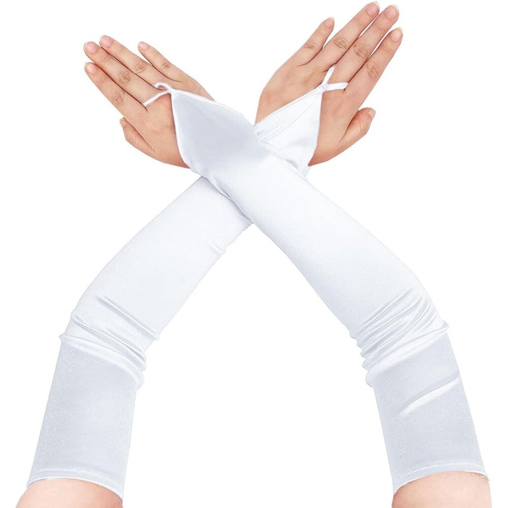 Women's White Long Satin Finger Loop Fabric Gloves Opera Party Prom Costume